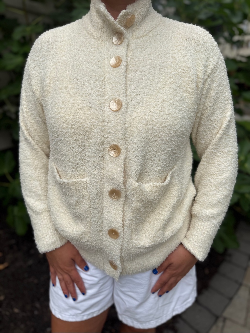 Cozy Cream Teddy Button-Up Jacket with Patch Pockets